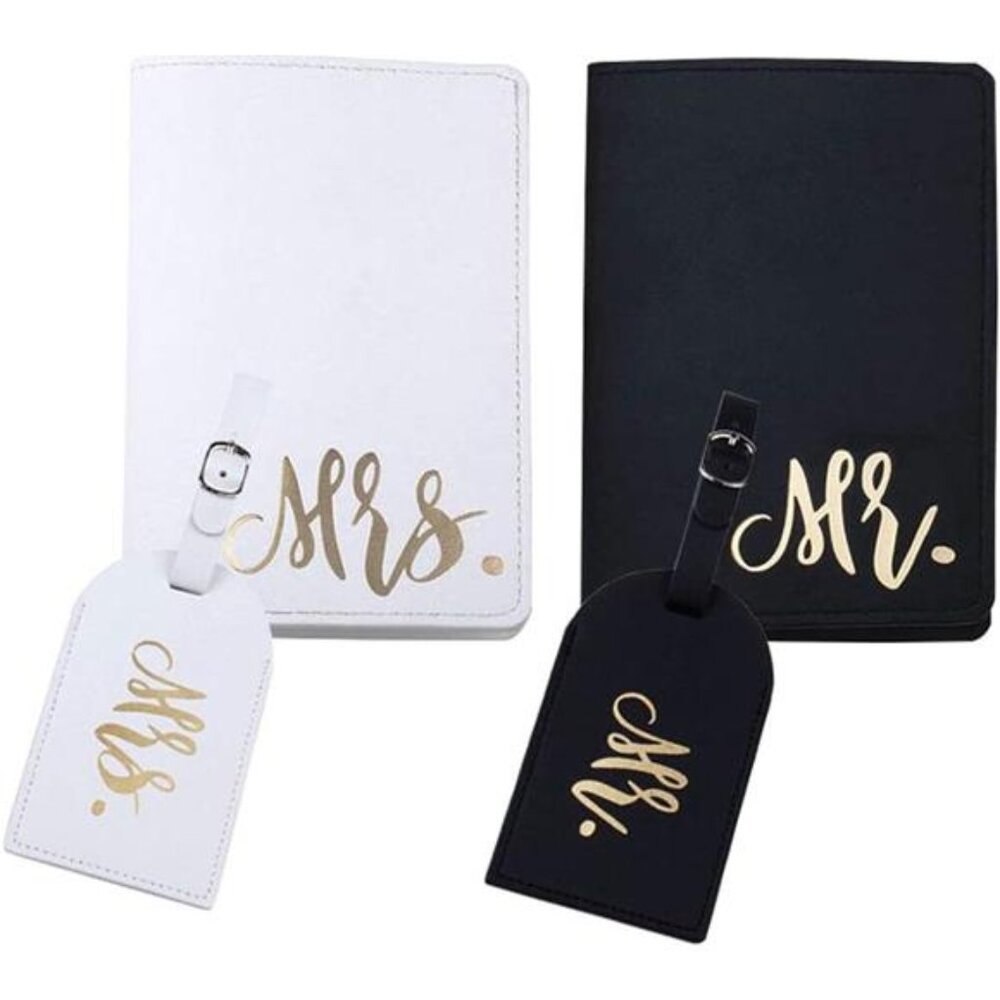 mr and mrs passport covers and luggage tags gift set, couple passport holder